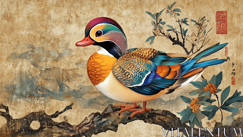 Mandarin duck artwork on branch with floral accents.