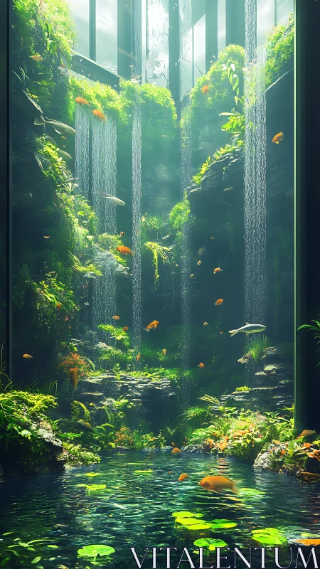Vertical indoor aquatic garden with waterfalls and fish.
