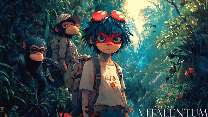 Blue-haired jungle explorer with monkeys in stylized light.