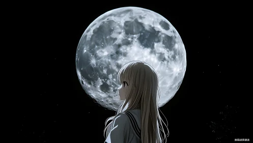 Backlit anime schoolgirl silhouette against hyper-detailed full moon