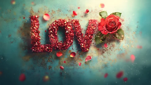 Glitter Love Typography with Red Rose Digital Composite. Teal Background.