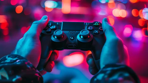 Hands hold gaming controller under neon cyberpunk bokeh glow