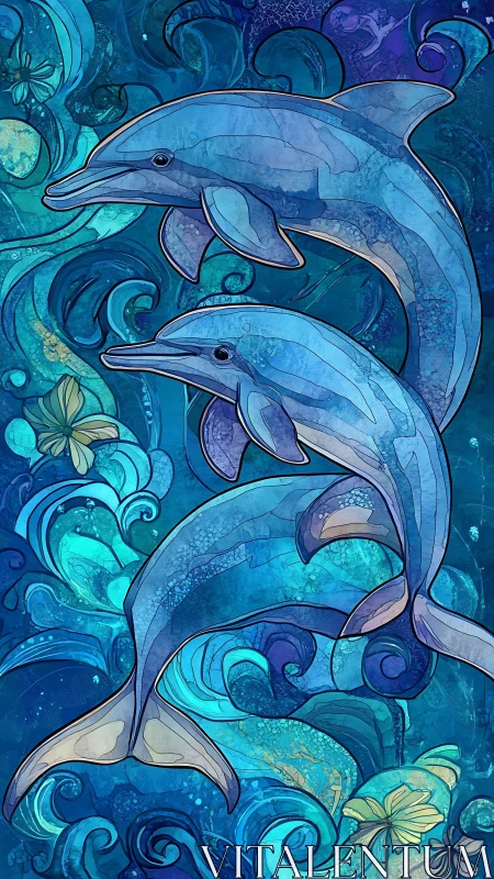Stylized dolphin pair within abstract aquatic pattern.