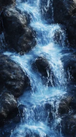 Tiered mountain stream flowing across dark rock faces.
