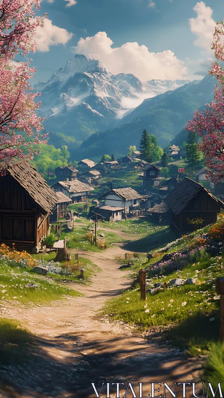 Alpine village path under glaciated massif in spring luminance.