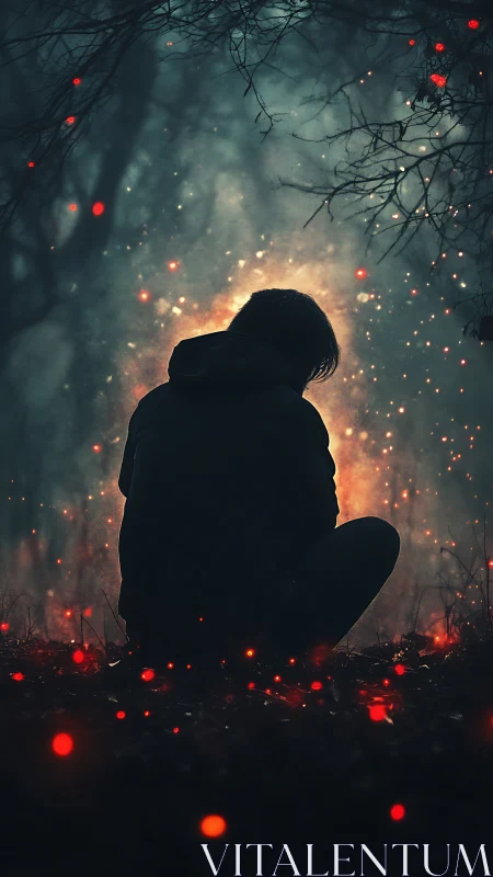Silhouetted figure kneels in ember-lit night forest glow