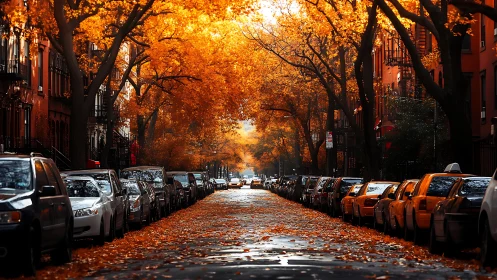 Golden autumn city street glows under a canopy of warm leaves