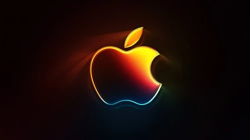 Chromatic apple emblem with neon edge illumination on black.