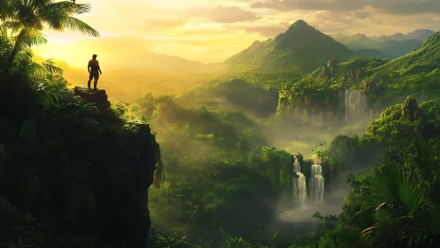 Lone explorer greeting a sunlit jungle of misty falls.