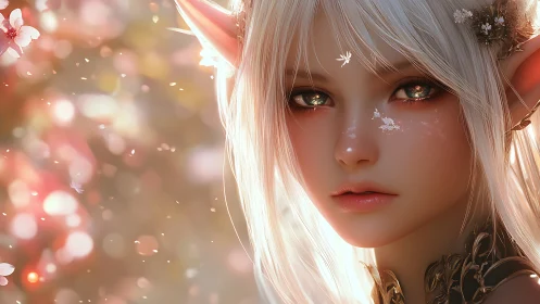 Gentle blossom elf in a dreamy golden forest glow.