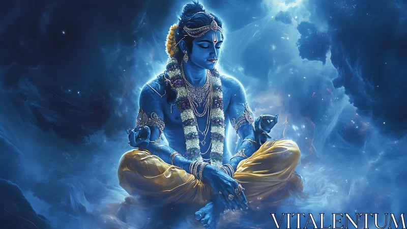 Celestial blue deity in golden repose amid swirling starlight.