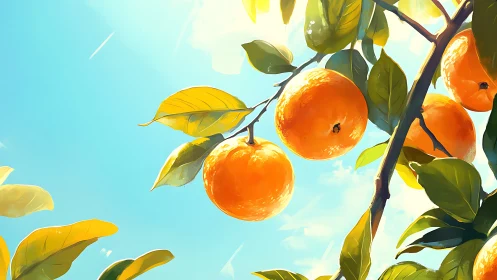 Sunlit Oranges on Tree Branch in Vibrant Digital Art Style.