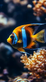 Clownfish glides through coral reef in vivid blue light.