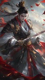 Storm-lit warrior prince steadies his blade in crimson winds