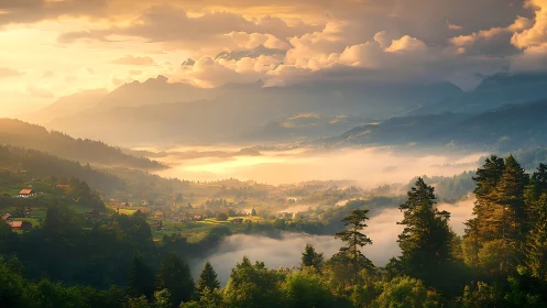 Golden-hour alpine valley landscape captures diffused atmospheric light