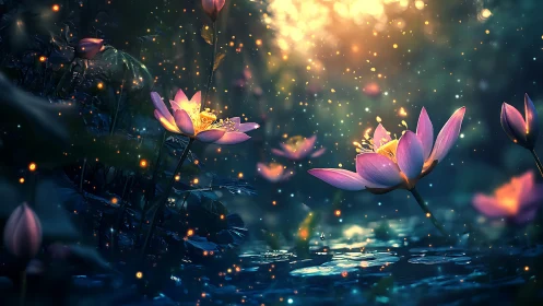 Bioluminescent lotus blossoms illuminate a mystical forest pool