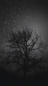 Silhouetted winter tree intersects dense star field in monochrome