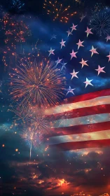Starry night sky of fireworks wrapped in a flag glow.