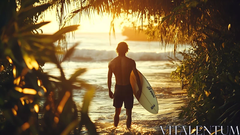 Surfer walking toward sunset waves through tropical path.