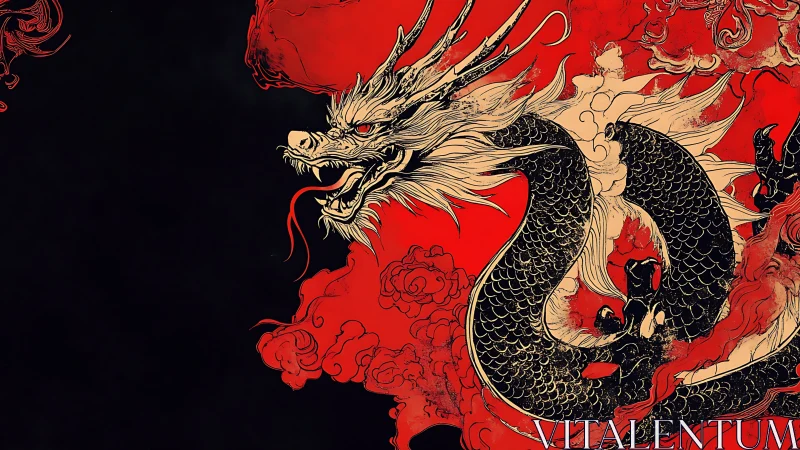 Coiled oriental dragon rendered in bold red and black ink