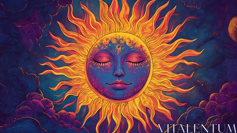 Cosmic sun goddess face glows within swirling neon clouds.