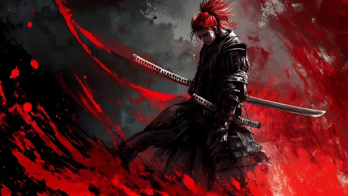 Crimson-haired ronin breathes stillness in a storm of blood