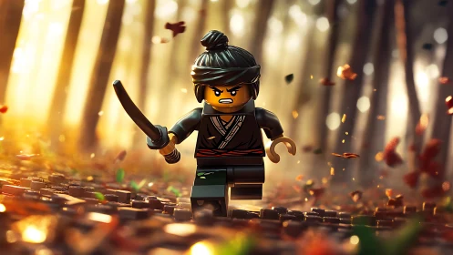 Tiny plastic ronin sprints through a blazing bokeh forest