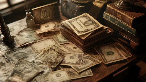 Warmly lit desk piled with vintage money and old books.