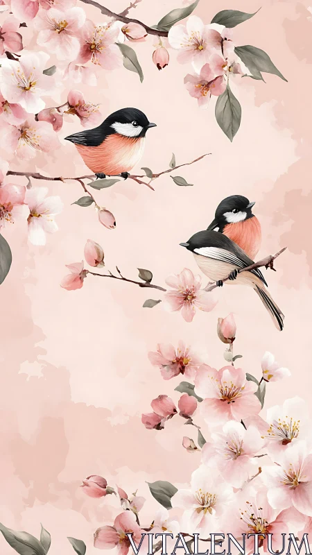Two songbirds perch on cherry blossom branches in soft pink