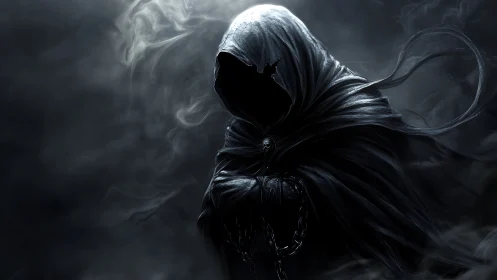 Hooded wraith emerges from swirling shadows in ghostly fog