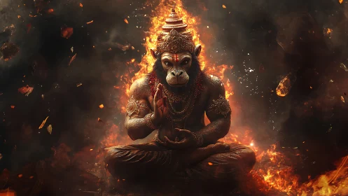 Divine monkey warrior meditates within swirling sacred fire