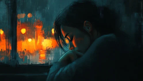 Melancholic profile against blurred neon city lights glows softly