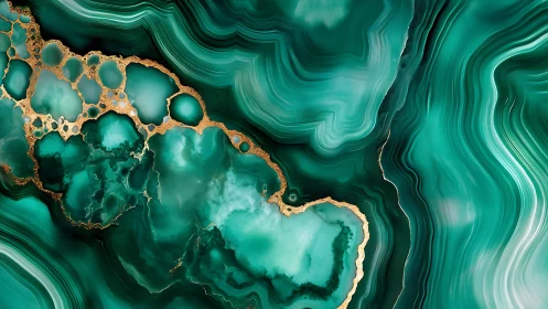 Abstract green agate structure is rendered with gold accents