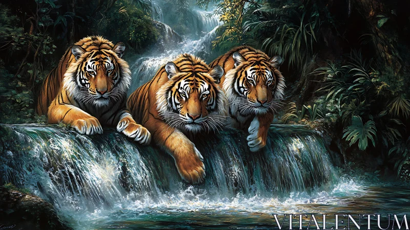 Three Tigers at Jungle Waterfall in Lush Tropical Setting