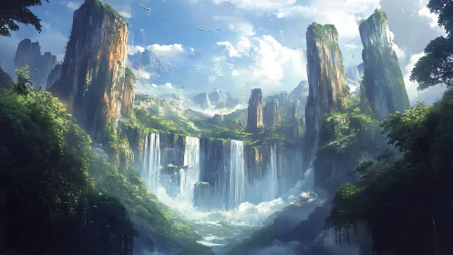 Sunlit fantasy cliffs rise above misty cascades and clouds