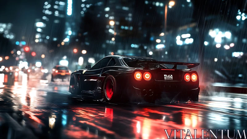 Black sports car on wet neon city street at night.