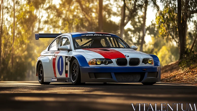 BMW E46 GT race car on sunlit forest road, front three-quarter