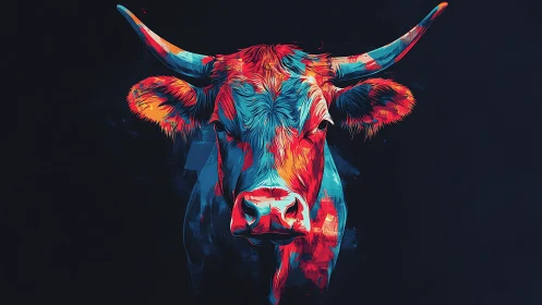 Vibrant neon bull portrait pulses against a deep dark void
