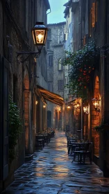 Wet cobblestone alleyway shows lamplit café terraces in dusk rain