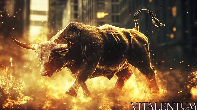 Golden wireframe bull charging through urban flames.