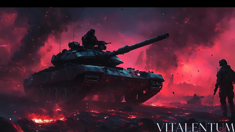 Storm-lit battle tank rolling through a fiery nightscape.