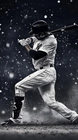 Monochrome baseball batter mid-swing with motion particles