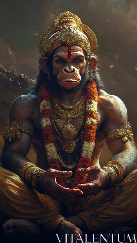 Divine monkey warrior sits in golden ceremonial splendor.