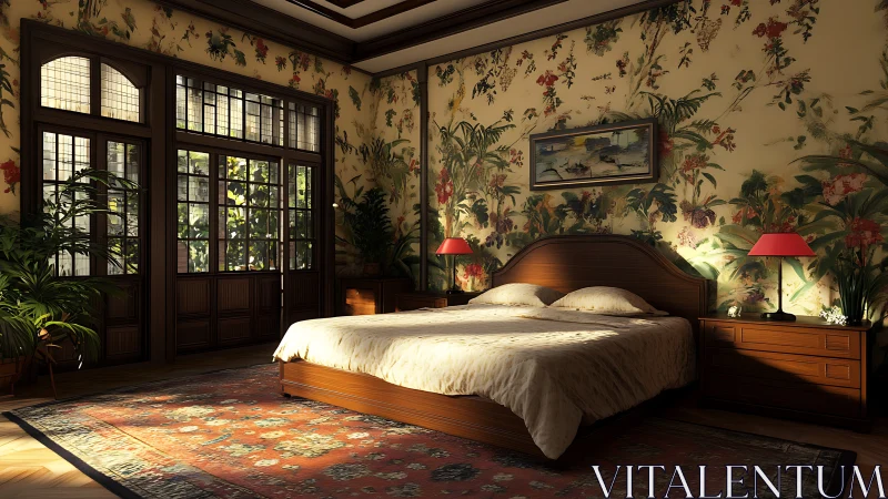 Tropical wallpaper warms a sunlit vintage bedroom retreat.