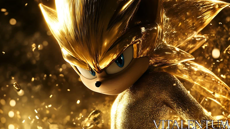 Golden hedgehog hero in cinematic 3D metallic rendering.