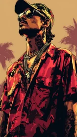 Streetwear portrait in cel-shaded vector style under palm sky
