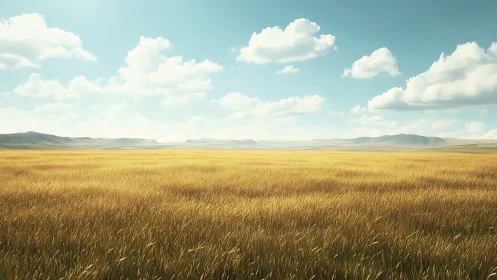 Golden grassland extends toward distant low mountain range