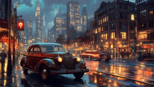 Vintage sedan idles under neon on rain-soaked city avenue