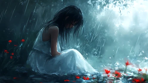 Girl in white dress seated in rain near red wildflowers.