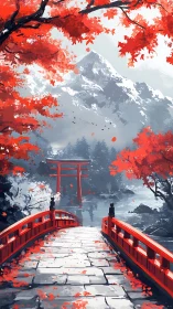 Red bridge and torii gate under autumn foliage by mountains.